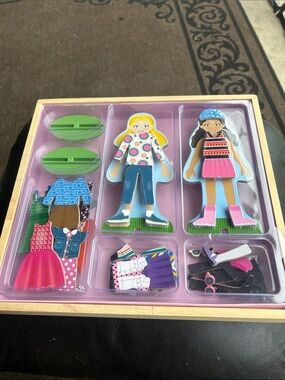 Melissa & Doug Wooden Magnetic Dress-Up Dolls - Pink, Blue, Green
